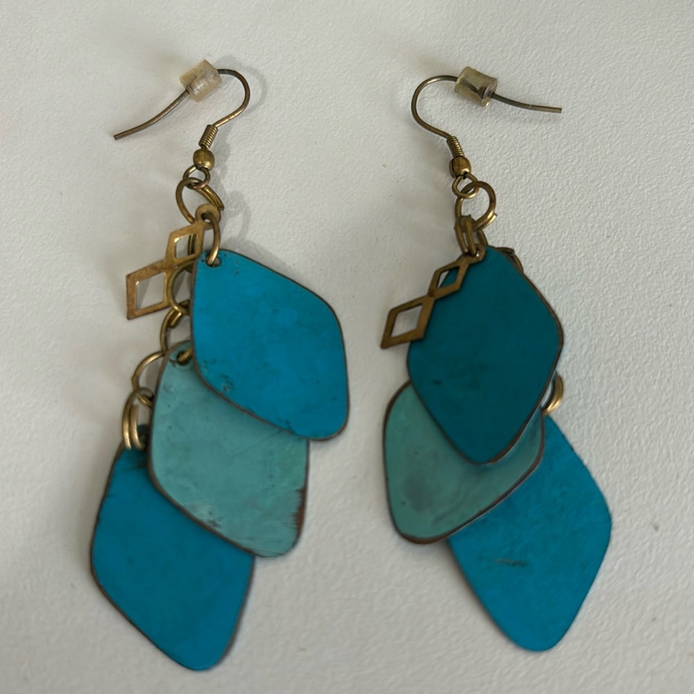 Women’s Hanging Earrings, Blue / Teal Color, Some Wear, Costume Jewelry